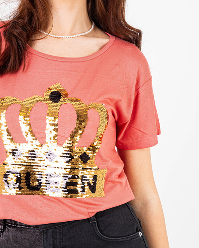 T-shirt femme corail avec couronne et sequins - Vêtements