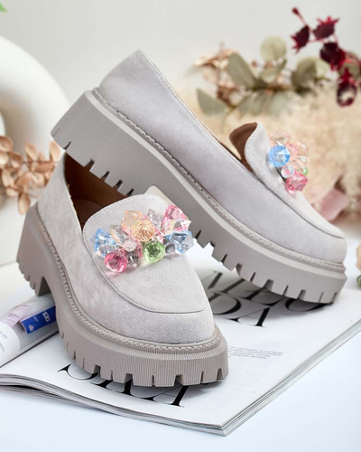 Mocassins gris clair pour femmes avec perles colorées Hetika - Footwear