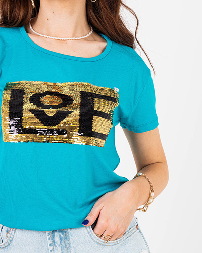 T-shirt femme bleu message et sequins - Vêtements