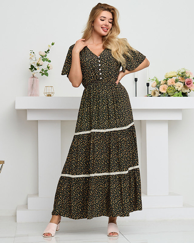 Robe maxi évasée fleurie noire femme - Vêtements
