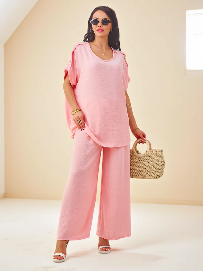 Royalfashion Ensemble en coton pour femmes avec des manches courtes et un pantalon large