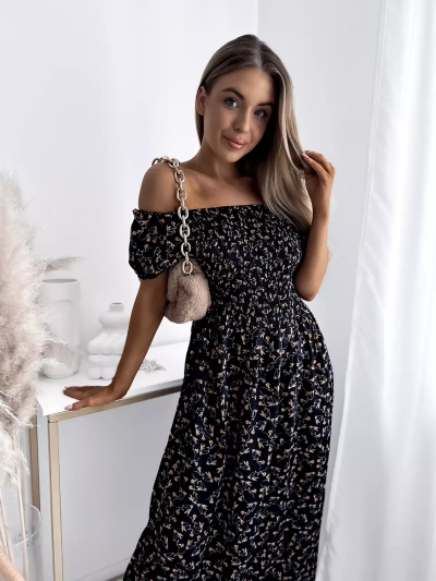Robe midi femme noir floral - Vêtements