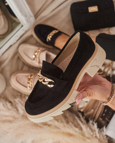 Mocassins en daim écologique avec embellissement doré en noir Zaffix- Footwear