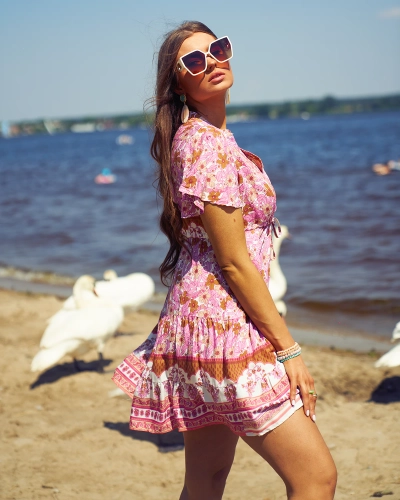 Royalfashion Robe courte pour femme rose été
