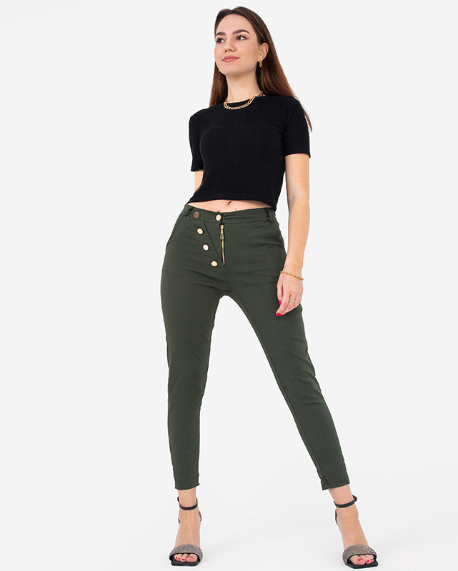 Pantalon femme en tissu vert avec boutons décoratifs - Vêtements