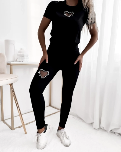 Royalfashion Ensemble de sport pour femme noir avec cœurs