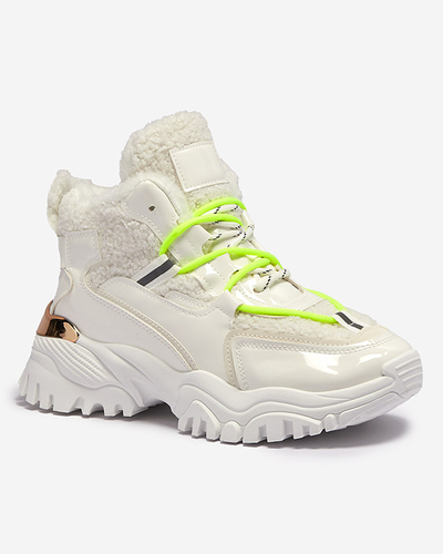 Chaussures de sport blanches pour femmes avec fourrure et lacets vert fluo Sagglo- Footwear