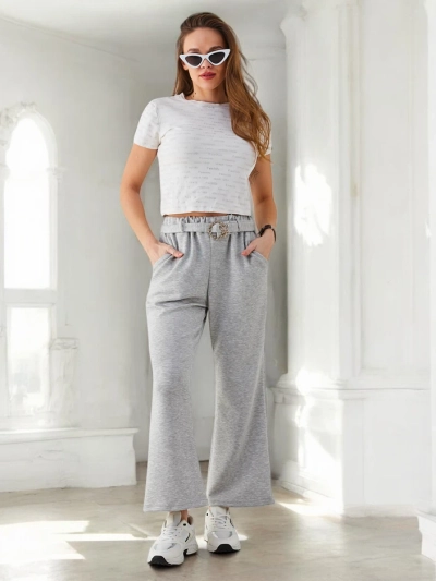 Royalfashion Pantalons larges en tissu pour femmes avec une ceinture décorative