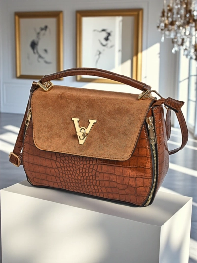 Sac à main pour femmes Callisto en cuir écologique suédé et crocodile marron foncé