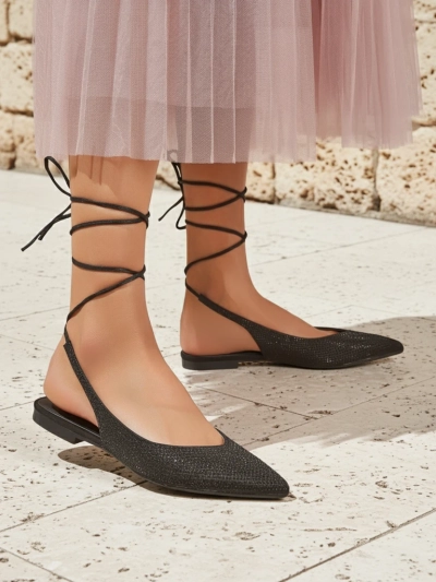 Sandales Damiane Nero - Ballerines noires à lacets en tissu, talon plat