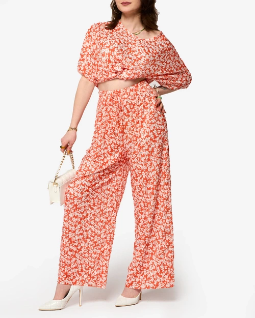 Ensemble plissé pour femme orange avec fleurs noires - Vêtements