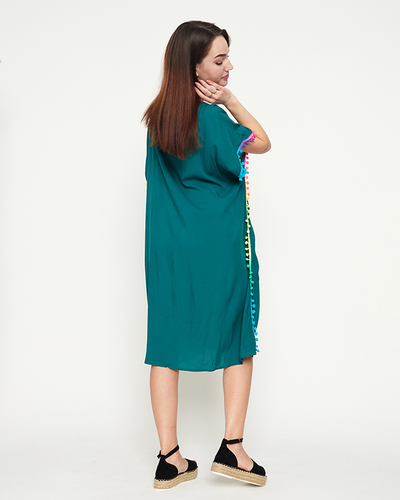 Tunique de plage été femme vert foncé à pompons - Vêtement