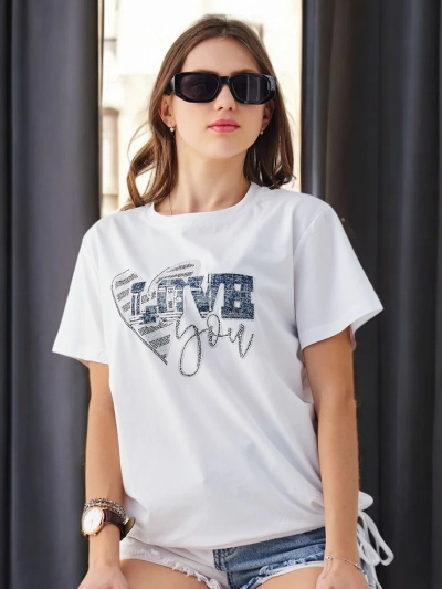 Royalfashion T-shirt en coton pour femmes LOVE avec des strass