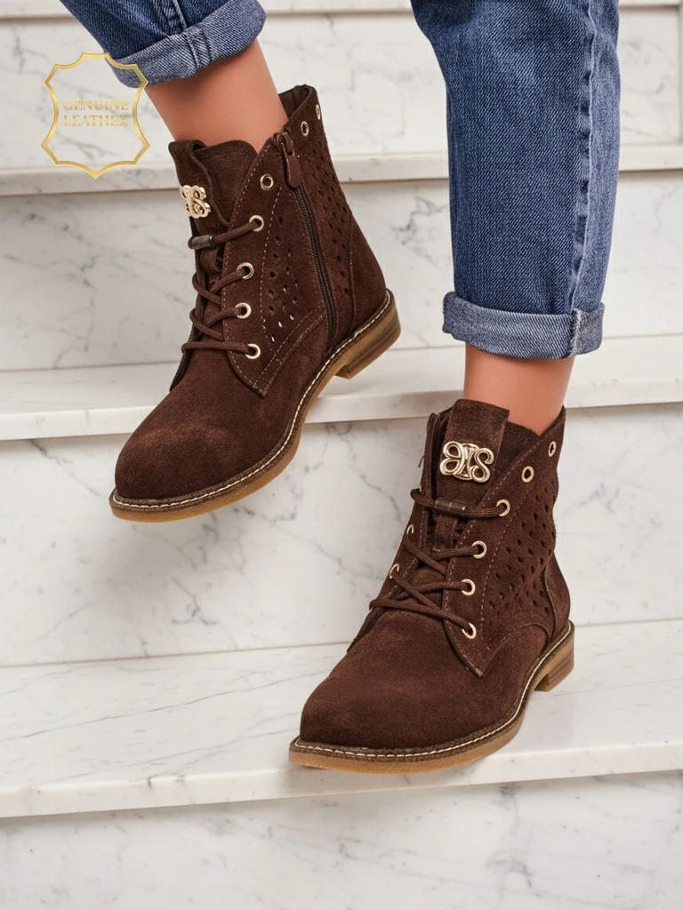 Aurelia Bottines en Daim Marron avec Fourrure Ajourées Élégantes 2,5cm