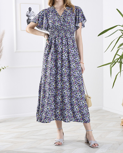 Robe longue noire à fleurs violettes pour femme - Vêtements