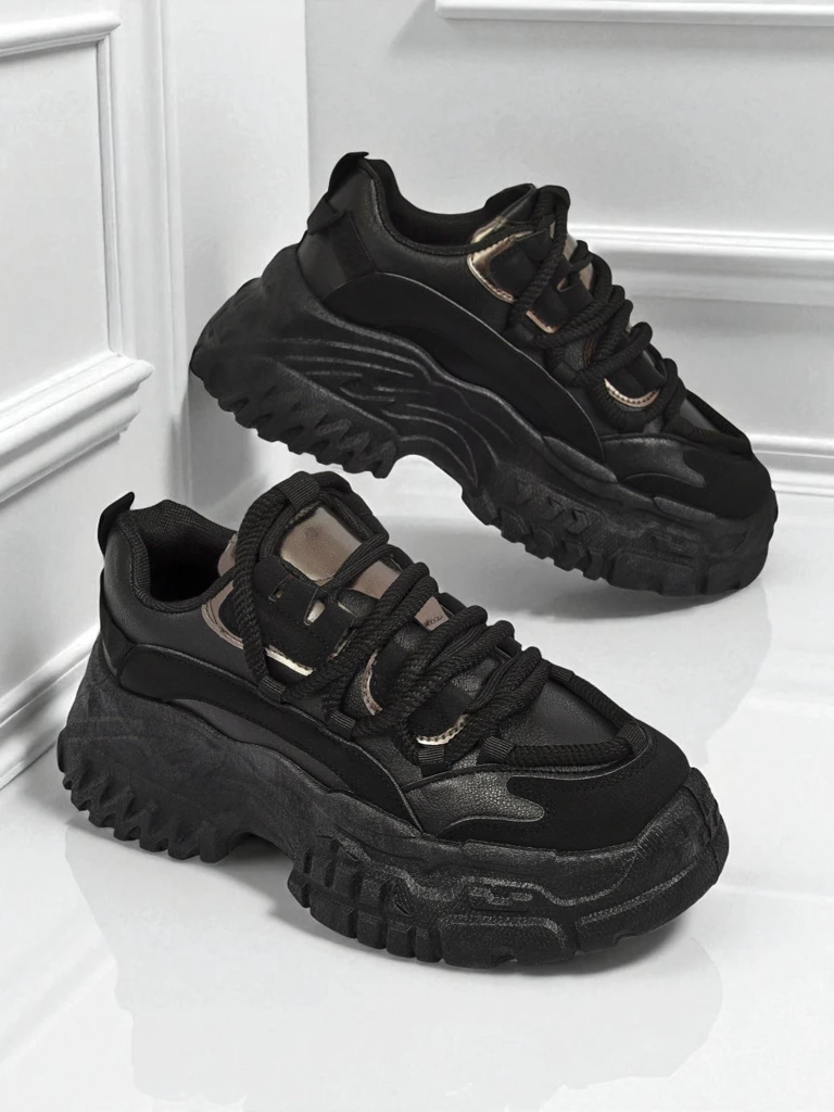 Aurelia Nero – Baskets Chunky pour Femmes en Cuir Écologique Noir 6,5 cm