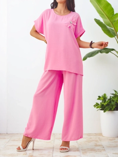 Ensemble à manches courtes Royalfashion pour femmes avec motif floral décoratif et pantalon large