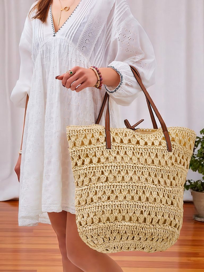 Royalfashion Grand sac à main en paille pour femme Naturel Classique