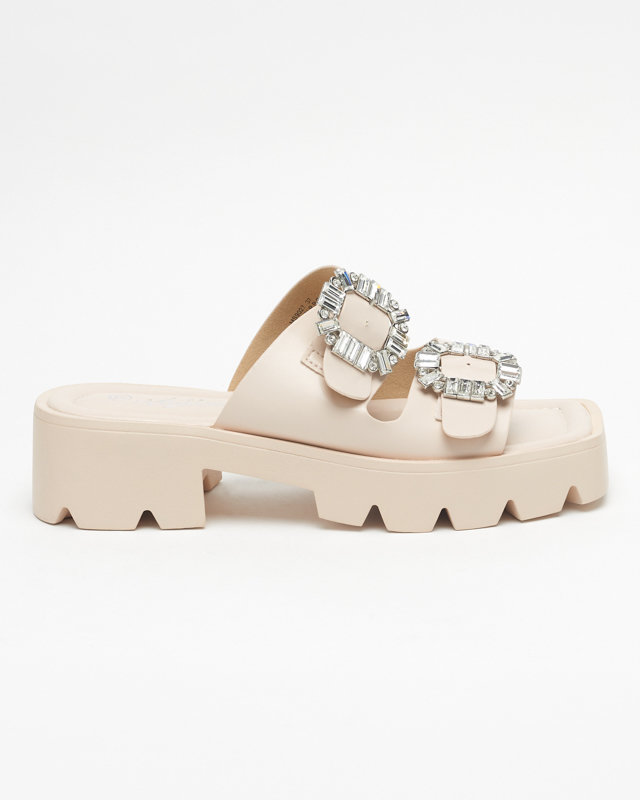 Babouches beiges pour dames avec ornements en zircon Sadoh- Footwear
