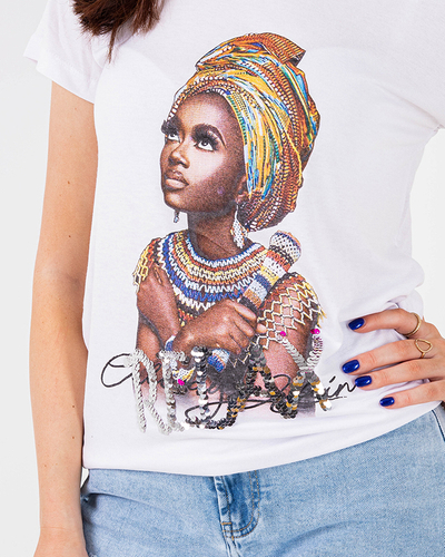 T-shirt femme blanc imprimé coloré et sequins - Vêtements