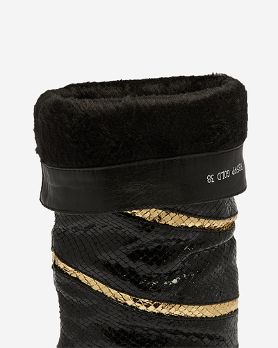 Bottes à talons aiguilles pour femmes noires et dorées avec bandes en relief Felifea- Footwear