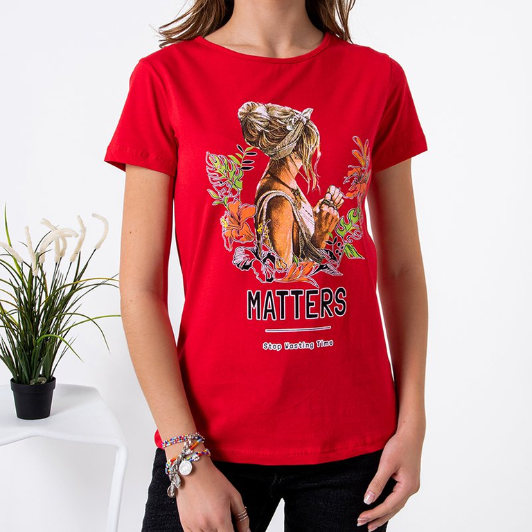 T-shirt femme en coton rouge à imprimé - Vêtements