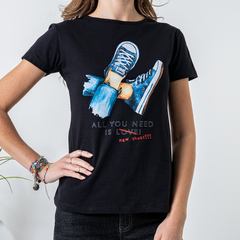 T-shirt femme en coton noir à imprimé - Vêtements