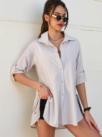 Royalfashion Chemise en coton rayée pour femmes plus longue avec un lien à la taille