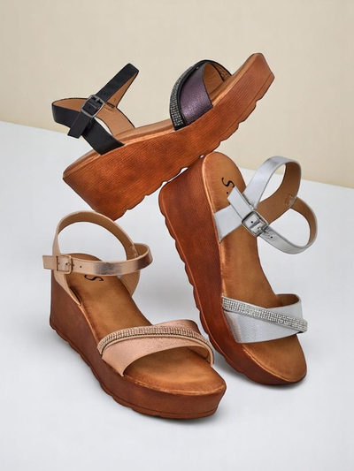 Sandales compensées pour femmes Royalfashion avec strass et paillettes Aurora Glow