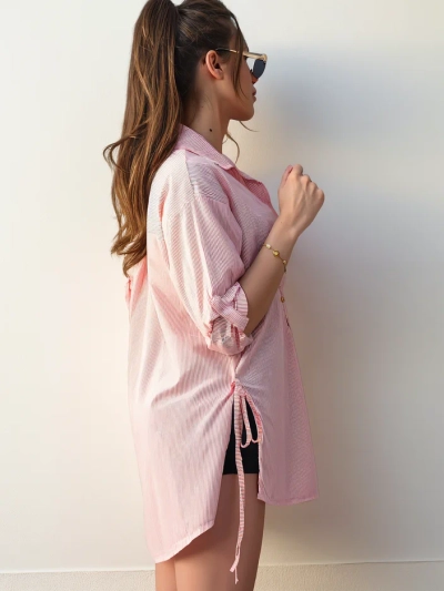 Chemise longue en coton Royalfashion pour femmes avec des rayures et une ceinture