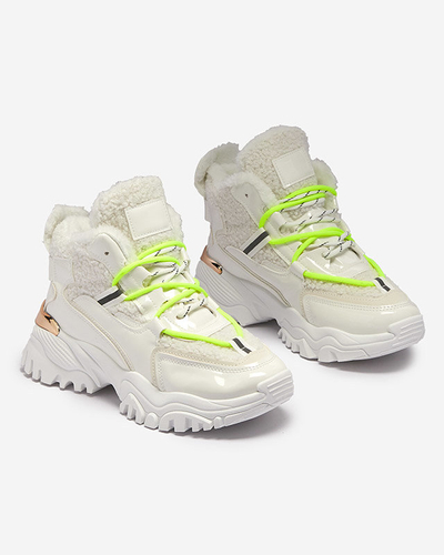 Chaussures de sport blanches pour femmes avec fourrure et lacets vert fluo Sagglo- Footwear