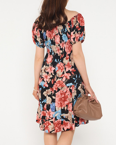 Mini-robe noire pour femme avec fleurs et dos ouvert - Vêtements