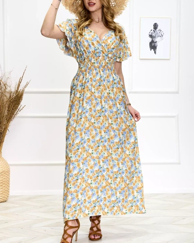 Robe midi à fleurs bleues et jaunes pour femme - Chaussures