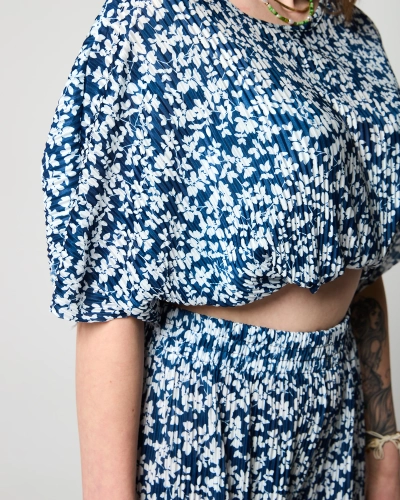 Ensemble plissé bleu marine à fleurs noires pour femme - Vêtements