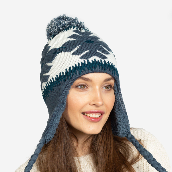 Bonnet isotherme femme bleu marine flocons de neige à pompons - Accessoires