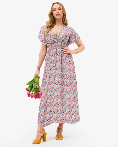 Robe midi pour femme beige floral avec encolure enveloppe - Vêtements