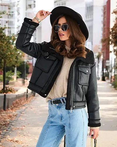 Veste en cuir eco femme de Royalfashion avec fourrure en couleur noire