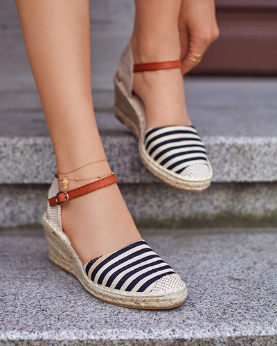 Espadrilles femme noires à rayures sur le compensé Mecera - chaussures