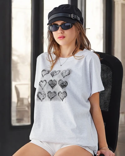 Royalfashion T-shirt en coton pour femmes Beaucoup de cœurs