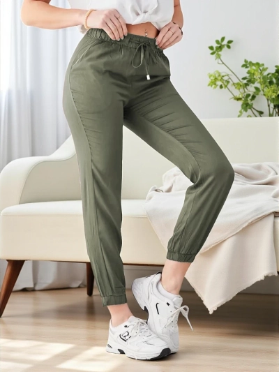Pantalon Long Raffaello Kaki En Tissu Lyocell