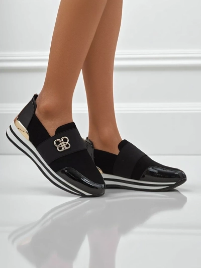 Slip-on pour femmes Elektra Nero avec accent doré, cuir écologique, 3,5 cm