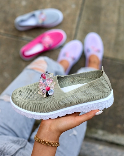 Royalfashion Mocassins en tissu kaki pour femme avec cristaux Fezens