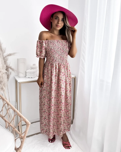 Robe midi beige à imprimé floral pour femme - Vêtements