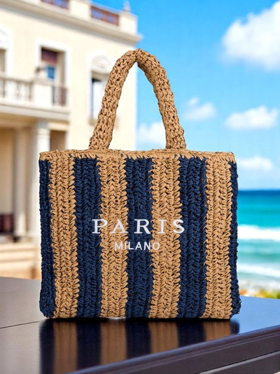 Royalfashion Grand sac en paille pour femme Sac en paille rayé
