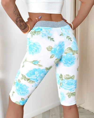 Short 3/4 femme blanc à fleurs bleues - Vêtements