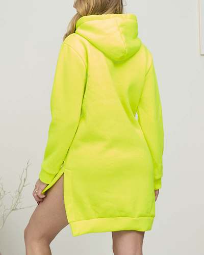 Sweat-shirt long kangourou jaune fluo pour femme avec patch noir - Vêtements