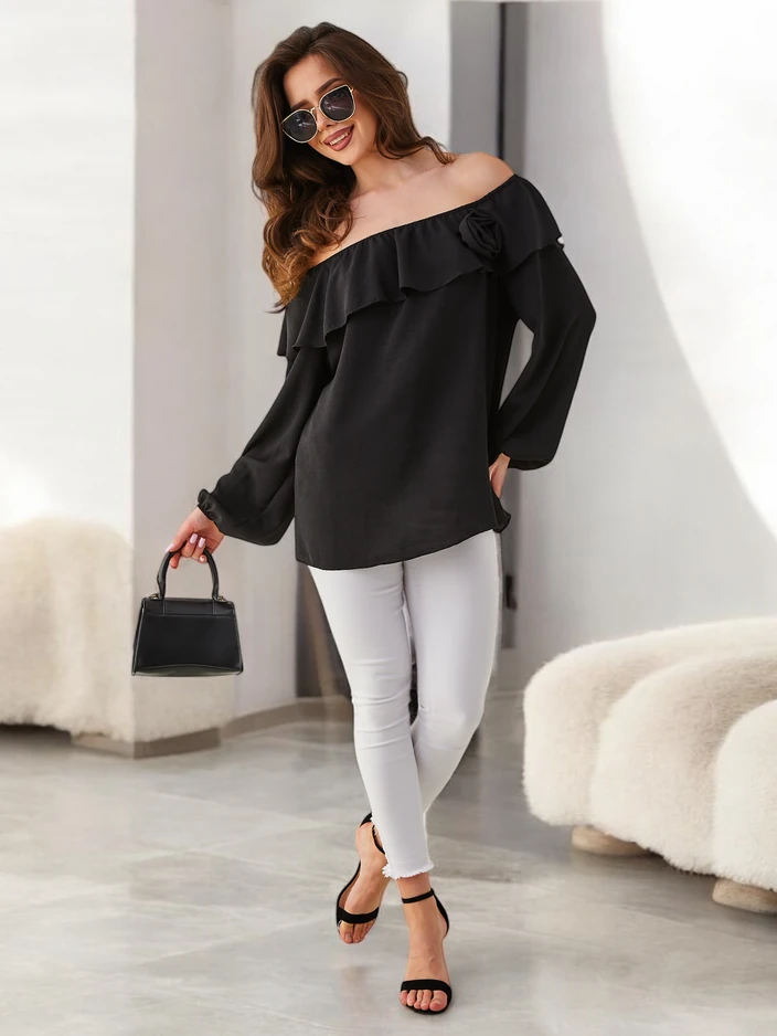 Blouse femme décolleté bardot avec volants et fleurs