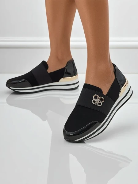 Slip-on pour femmes Elektra Nero avec accent doré, cuir écologique, 3,5 cm