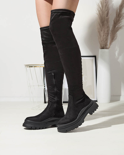 Bottes hautes pour femmes en daim écologique noir à semelle épaisse Amerima - Chaussures