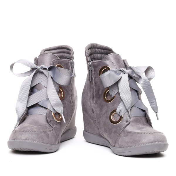 Szare sneakersy na krytym koturnie wiązane wstążką Andi- Obuwie